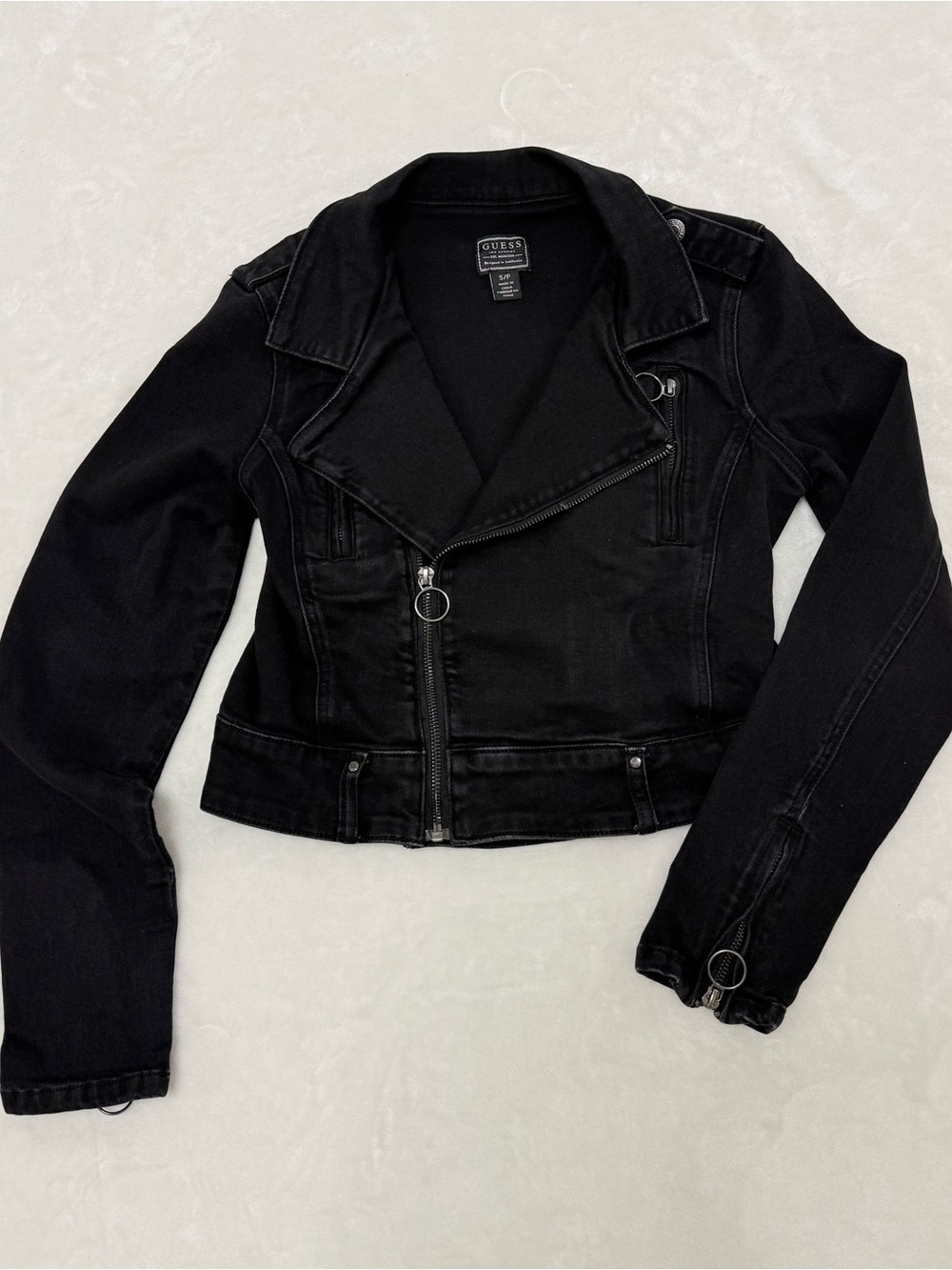 GUESS Black Denim Moto Biker Jacket Silver Hardware Women's Size Small
